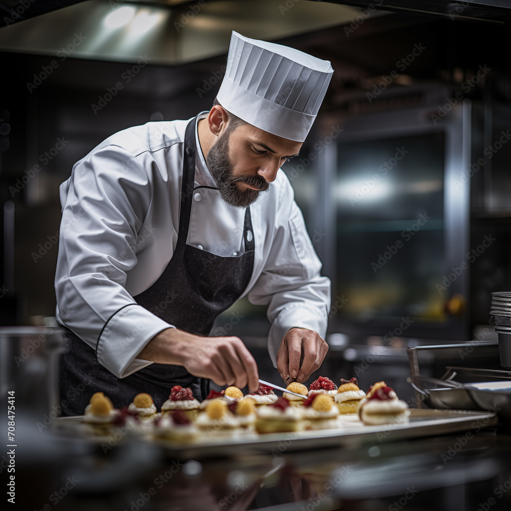 Detail of Chef cooking desserts in professional kitchen. Detail of Chef cooking desserts in professional kitchen.