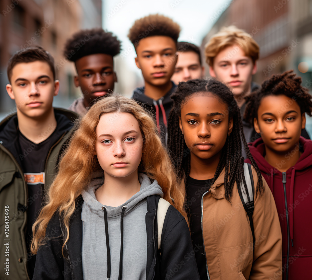 Group of diverse teenage students looking seriously at camera.