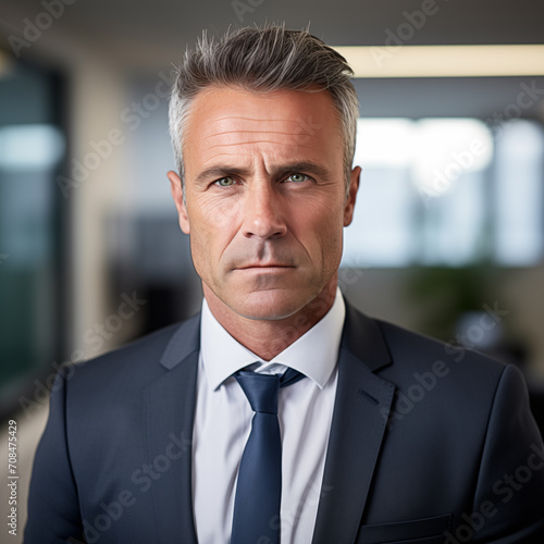 Portrait of a caucasian businessman looking at camera in an office.