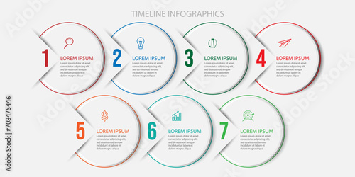 business infographic 7 parts or steps, there are icons, text, numbers. Can be used for presentation banners, workflow layouts, process diagrams, flow charts, infographics, your business presentations