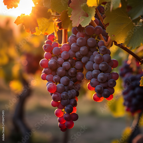 Ripe red grapes on vineyards during a sunset.