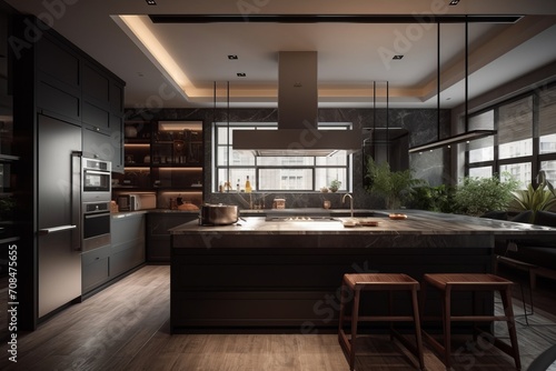 Kitchen interior in modern house in Chinese style.