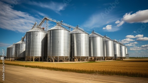 Large industrial elevators, warehouses, standing in a yellow field against a clear blue sky. Agriculture industry, harvest concepts.