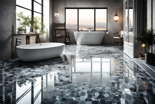 A high-angle shot of a spotless bathroom floor with glossy tiles reflecting the ambient light.