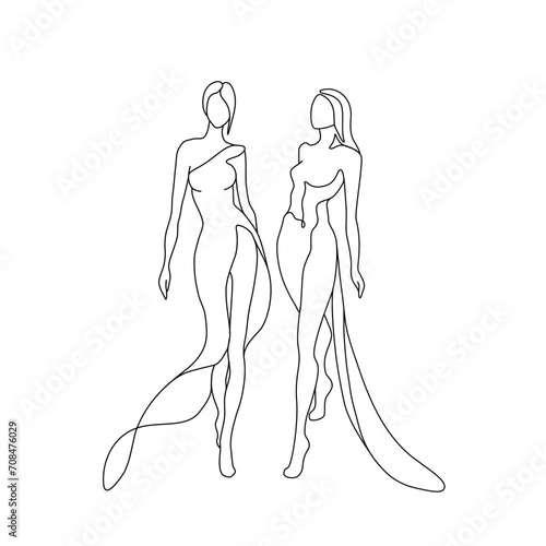 Fashion woman model abstract silhouette, continuous line drawing, beautiful girl in long dress, single line, isolated vector illustration. Tattoo, print and logo design, beauty salon.