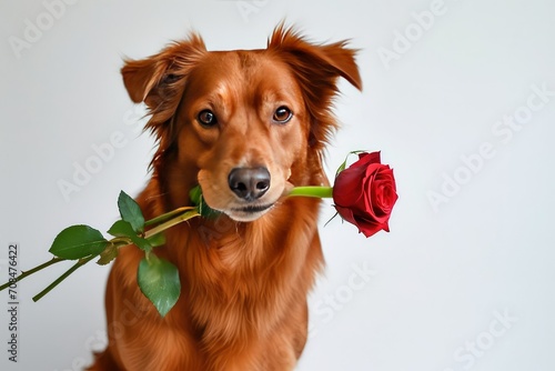 Charming red-haired dog with a red rose