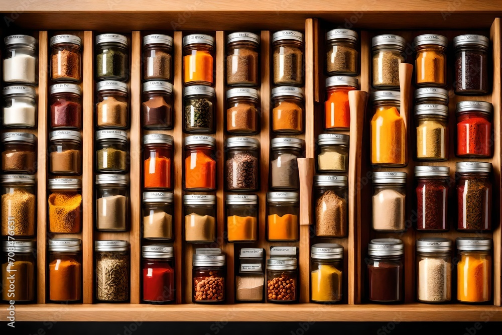 A well-organized spice drawer with neatly labeled containers, creating a visual feast for a chef. - obrazy, fototapety, plakaty 