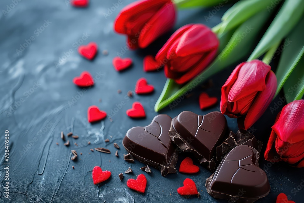 Valentine's Day with chocolate, hearts and red tulips