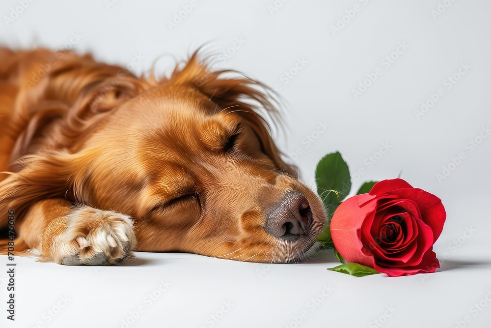 Charming red-haired dog with a red rose