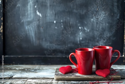Two red mugs - the concept of a joint tea party on Valentine's Day photo