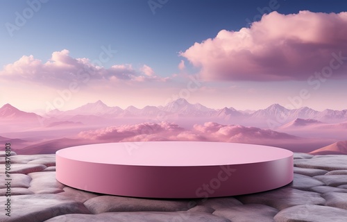 Realistic pink pedestal over pink cloud background. Created ith Ai