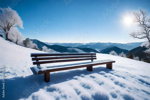 A frost-covered wooden bench overlooking a snowy valley, with clear skies and individual snowflakes adding to the serene atmosphere.
