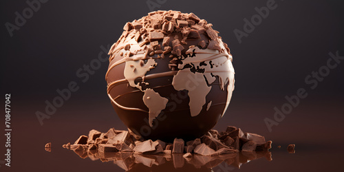 A chocolate ball with a map of the world on it, A chocolate globe with the world on it,Planet earth in melting chocolate realistic flat vector with surreal subject
