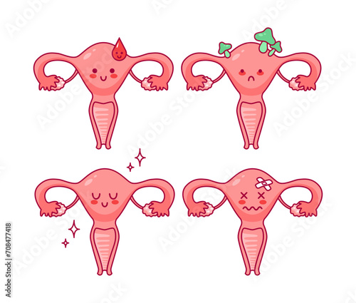 Uterus. Set Cute cartoon characters in kawaii style. Healthy organ, menstruation, fungal disease, infertility. Women Health. Female reproductive system, cycle. anatomy, ovaries, fallopian tubes.