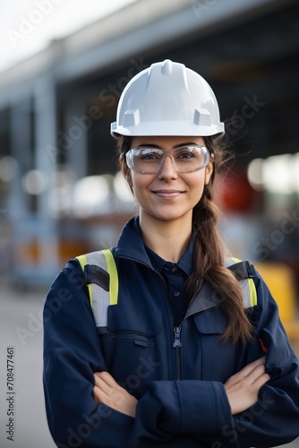 Portrait of a female engineer wearing a hard hat and safety glasses