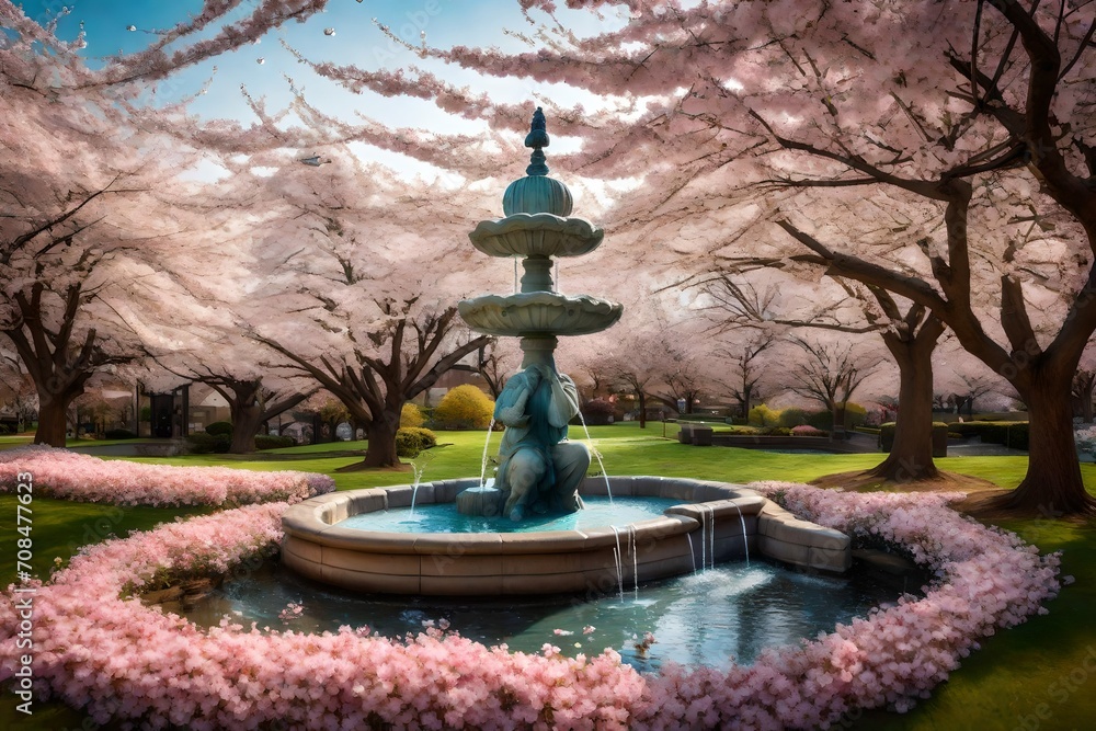 A tranquil Easter scene featuring a bubbling fountain surrounded by blooming cherry blossoms.