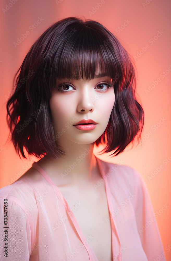 Ombre short hairstyle with 2 colours, black and pink. Beautiful hair coloring woman. Trendy haircuts. Blonde model with short shiny hairstyle. Concept Coloring Hair. Beauty Salon. Ombre short hairstyle with 2 colours, black and pink. Beautiful hair coloring woman. Trendy haircuts. Blonde model with short shiny hairstyle. Concept Coloring Hair. Beauty Salon.