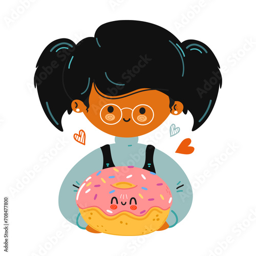 Young cute funny girl hold Donut in hand. Girl hugs cute Donut. Vector hand drawn doodle style cartoon character illustration icon design. Isolated on white background