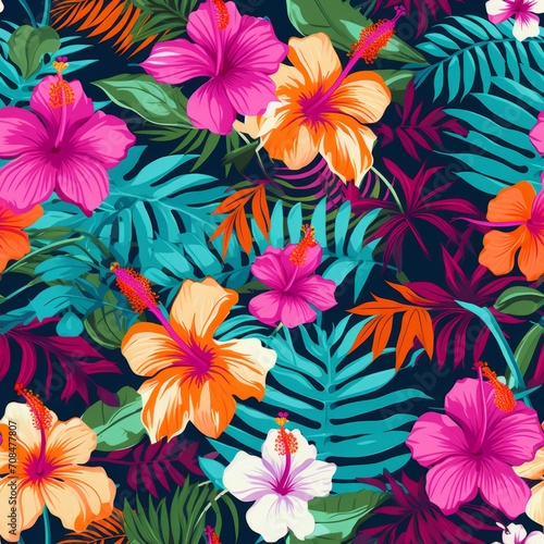 Vibrant tropical flower pattern with hibiscus, orchids, and frangipani in bold contrasting colors