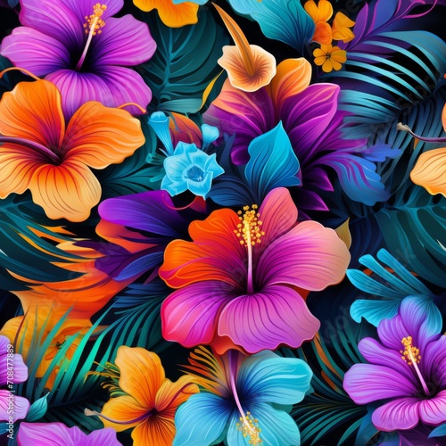 Tropical flowers seamless pattern with hibiscus, orchids, and frangipani in vibrant colors