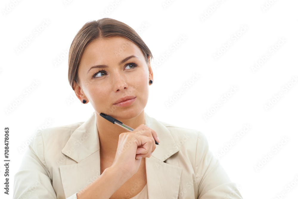Thinking, white background and face of business woman with ideas, ambition and problem solving with pen. Administration, corporate and isolated worker with pride, wondering or brainstorming in studio Thinking, white background and face of business woman with ideas, ambition and problem solving with pen. Administration, corporate and isolated worker with pride, wondering or brainstorming in studio
