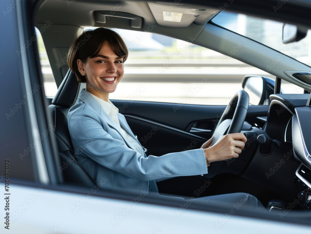 a happy stylish short-haired woman in light blue suit is driving white car. Portrait of happy female driver steering car with safety belt. a happy stylish short-haired woman in light blue suit is driving white car. Portrait of happy female driver steering car with safety belt.
