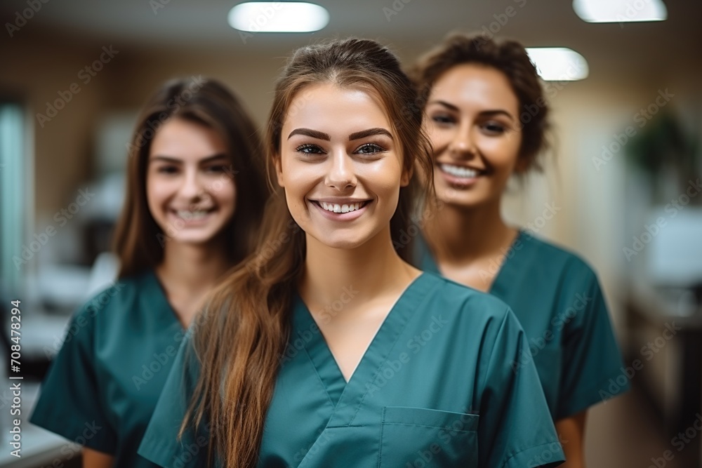 Three female nurses in green scrubs smiling at the camera