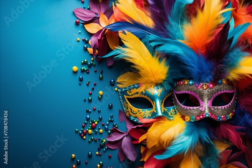 Vibrant carnival mask with copy space on bright solid color background for text placement