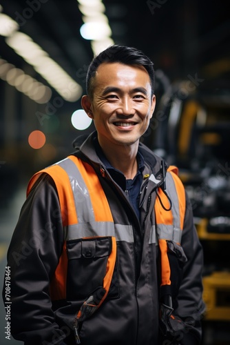 Portrait of a smiling Asian man in a reflective vest standing in a dimly lit factory