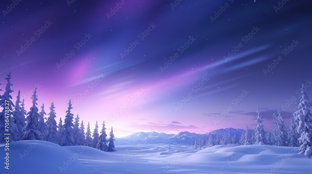 Purple Aurora Lights over Snow covered Landscape.