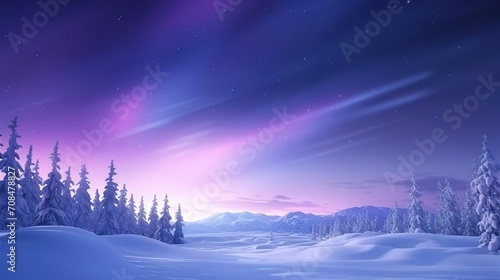 Purple Aurora Lights over Snow covered Landscape. © Jodie