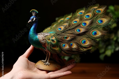 Magnificent peacock figurine. Bright vibrant colored bird feather plumage. Generate ai