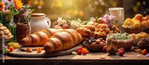 Easter bakery with fresh croissant, homemade buttery, and delicious snacks. photo