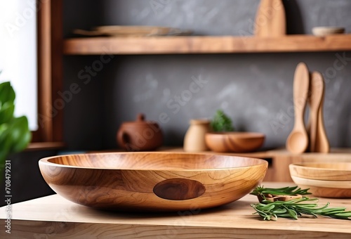 Wooden tabletop with wooden bowl decoration, on home kitchen background