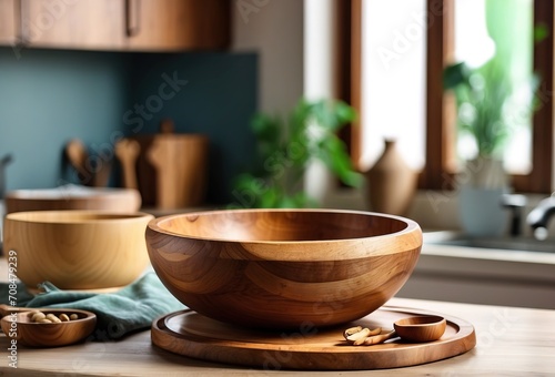 Wooden tabletop with wooden bowl decoration, on home kitchen background
