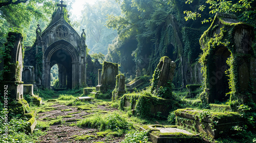 Ancient cemetery in middle of beautiful lush green grove, graves overgrown with moss and ivy. photo