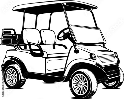a black and white hand drawing of Golf Cart, with a white background. AI generated illustration.