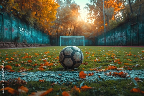 An old, worn soccer ball sits on the grass in front of a goal post in what appears to be a forgotten and overgrown playing field as the evening light filters in. © photolas