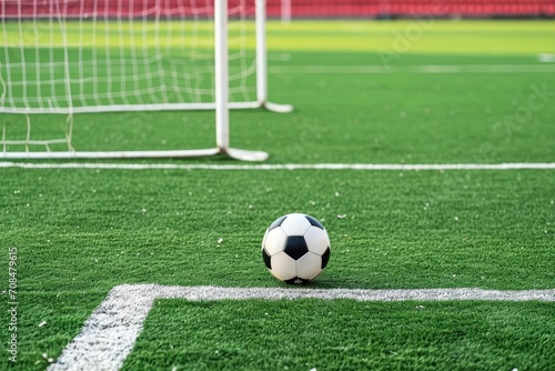 A worn soccer ball sits on the lush green turf of a soccer field, with an empty goal net looming in the soft light of the evening. © photolas