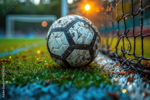 An old, worn soccer ball sits on the grass in front of a goal post in what appears to be a forgotten and overgrown playing field as the evening light filters in.