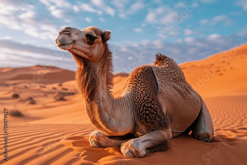 Camel posing against the backdrop of sweeping desert dunes and a bright blue sky.