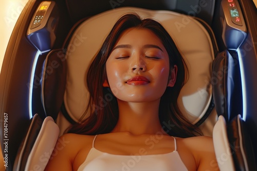 A serene Asian woman enjoys a moment of relaxation while sitting in a state-of-the-art massage chair in a well-lit, modern space.
