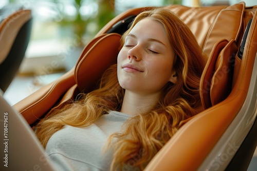 A serene European woman enjoys a moment of relaxation while sitting in a state-of-the-art massage chair in a well-lit modern room. photo
