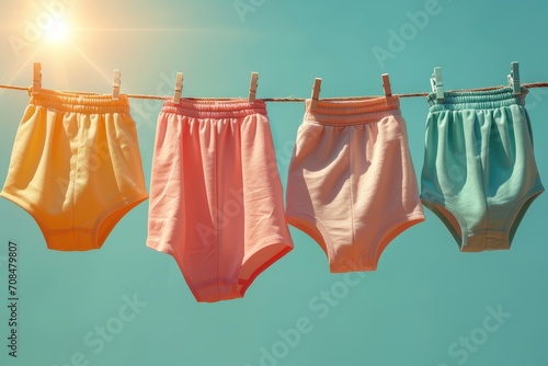Vintage pastel-colored women's knickers hang on a rack against a clear blue sky, basking in the warm sunshine.