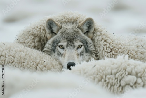 A wolf in sheep's clothing., almost indistinguishable within a flock of sheep, is captured in a moment of deceptive calmness in a rural pasture.