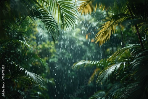 Shafts of sunlight break through the verdant foliage of a dense tropical rainforest  creating a serene and mystical atmosphere.