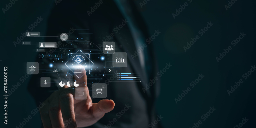 A businessman employs an internet chat bot to exchange and analyse consumer data. A customer care centre using artificial intelligence and CRM software technology A businessman employs an internet chat bot to exchange and analyse consumer data. A customer care centre using artificial intelligence and CRM software technology