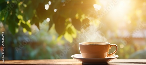 Morning brew steaming cup of coffee on table with defocused background and copy space