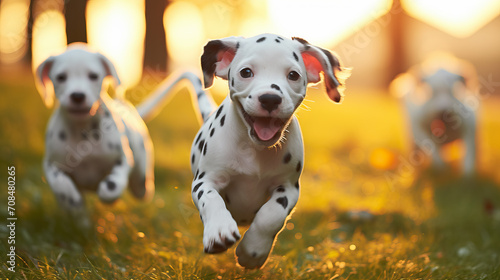 Cute dalmatian dog puppies running in the park created with Generative AI technology