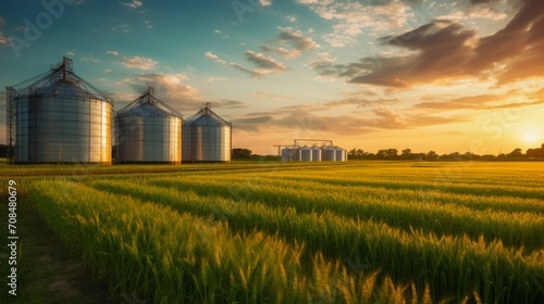 Large granaries for storing and drying grain, wheat, corn on the background of a green field and blue sky at sunset. photo